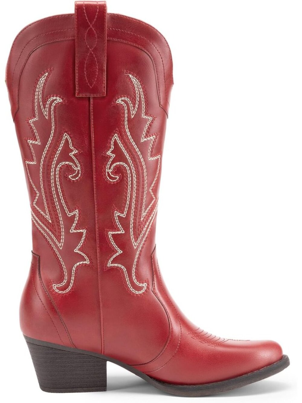 Women's Mid Calf Cowgirl Point Toe Chunky Heel Red Embroidery Western Boots - Picture 5 of 6